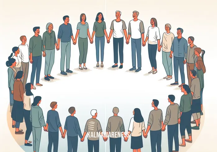 personal growth activities for groups _ Image: The same group, now gathered in a circle, smiling, and holding hands, showing a sense of unity and personal growth.Image description: Participants stand in a circle, connected through smiles and holding hands, reflecting the transformation from disinterest to a cohesive, supportive community.