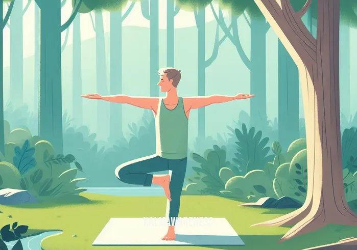 call to calm meditation _ Image: A contented individual practicing yoga alone in a tranquil forest clearing. Image description: Deep in the woods, a person strikes a yoga pose, embodying calm and inner peace.