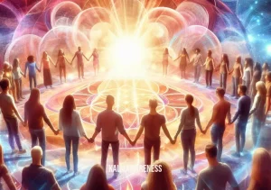3d to 5d consciousness nyla _ Image: A diverse community coming together, holding hands in unity, surrounded by a radiant aura of interconnected energy.Image description: Harmony, unity, and the transition to a higher state of consciousness, embracing the 3D to 5D shift.