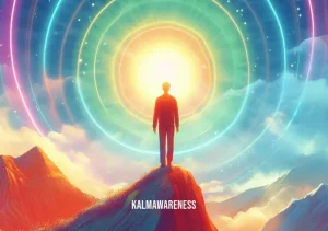 foot chakra clearing _ Image: The person, now with a peaceful expression, stands on a mountaintop, surrounded by a vibrant, harmonious aura. Image description: Person standing on mountaintop with a serene expression, surrounded by a vibrant, harmonious aura.