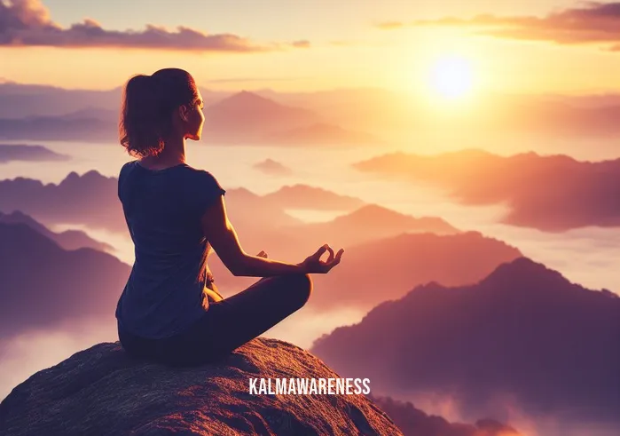 meditacija _ Image: A person, with a serene smile, meditating atop a mountain peak, overlooking a breathtaking sunrise. Image description: The ultimate resolution, achieving inner harmony and mindfulness through meditation in a peaceful natural setting.