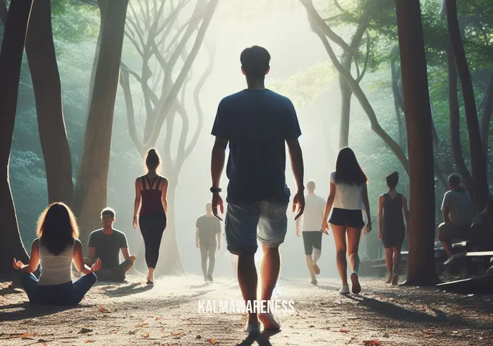 walking meditation script _ Image: A group of individuals walking mindfully in the park, each step deliberate and focused.Image description: A group of people walking mindfully in the park, moving slowly and intentionally, finding inner peace.