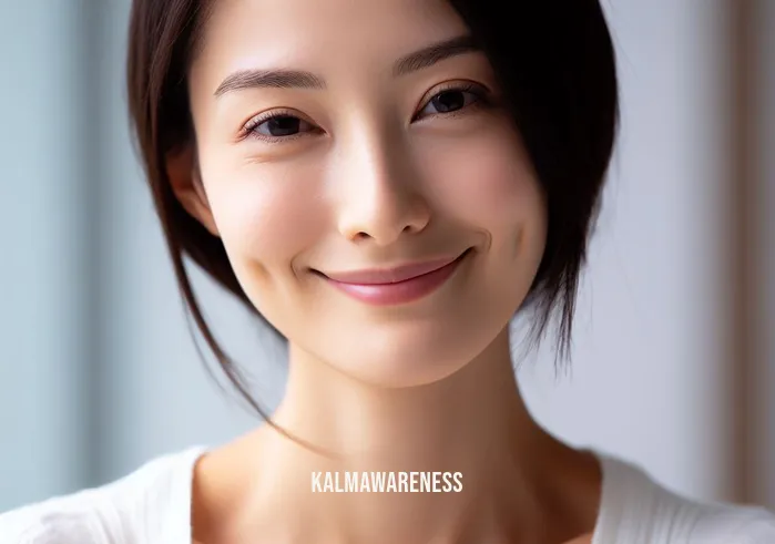 12 minutes mindfulness achievements _ Image: The person, now visibly more content and relaxed, smiling with a sense of achievement. Image description: A serene smile reflects the person's successful mindfulness practice, achieving inner peace.