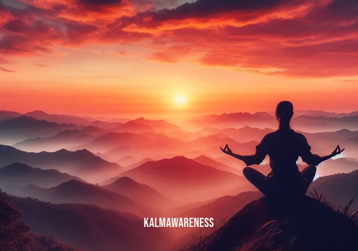 element of some meditation exercises _ Image: A person in a lotus position, floating above a serene mountaintop, surrounded by a breathtaking sunset.Image description: A meditating figure suspended above a majestic mountaintop, basking in the glory of a mesmerizing sunset.