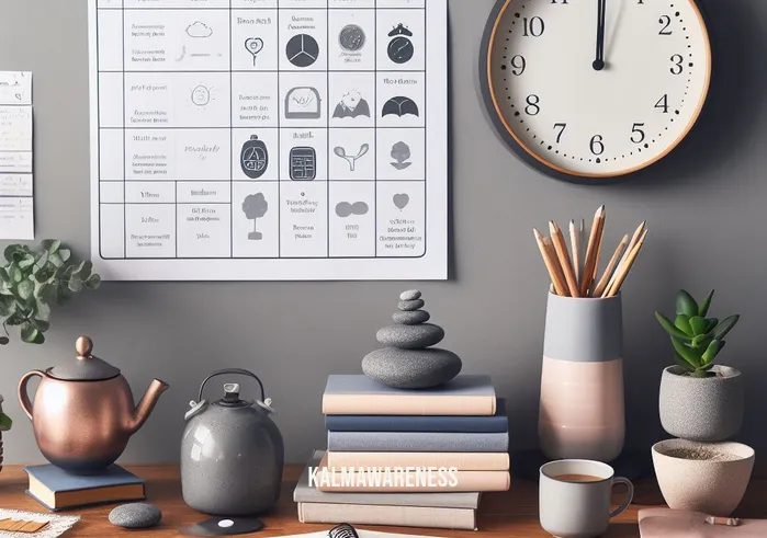 full catastrophe living summary _ Image: A calm and organized workspace with a balanced life schedule. Image description: Achieving balance and calmness through mindful living practices.