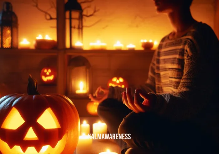 halloween mindfulness _ Image: The person sits beside the glowing Jack-o'-lantern, surrounded by candles and a cozy atmosphere, practicing mindfulness and savoring the peaceful Halloween ambiance.Image description: Sitting serenely beside the glowing Jack-o'-lantern, the person is enveloped in a warm and cozy atmosphere. Candles flicker, creating a tranquil Halloween ambiance as they practice mindfulness and savor the moment.
