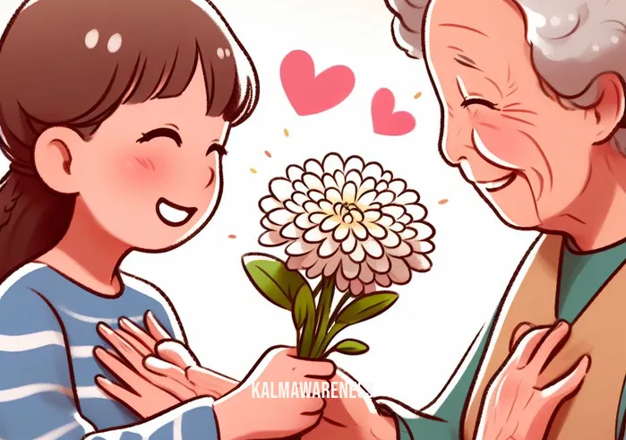 hands over our hearts _ Image: A smiling child handing a flower to an elderly person, both with hands over their hearts, showcasing the power of love and compassion.Image description: A heartwarming scene unfolds as a child offers a flower to an elderly person, both with their hands over their hearts, illustrating the beauty of compassion and connection.