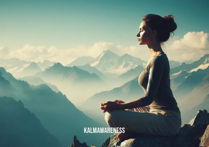 letting go of control meditation _ Image: The woman, alone on a mountaintop, sits in deep meditation, her face serene, as she gazes at the expansive horizon, having finally let go of control.Image description: High atop a majestic mountain, the woman sits in profound meditation, her face radiant with peace, having successfully let go of her need for control, embracing the boundless freedom of the horizon.
