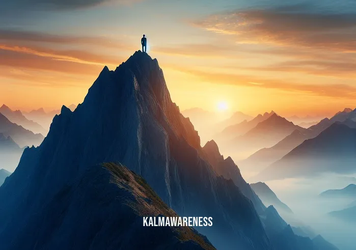meditation and its methods _ Image: A serene, isolated mountain peak at sunrise, where an individual stands in a state of blissful meditation, completely at one with nature. Image description: At the mountain's summit, a lone meditator finds ultimate serenity and oneness with the universe.