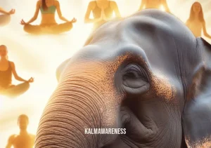 meditation elephant _ Image: A close-up of the elephant's content face, a gentle smile on its lips, surrounded by individuals radiating tranquility and joy.Image description: The elephant and the meditators have found harmony, embodying the journey from chaos to inner serenity through mindfulness.