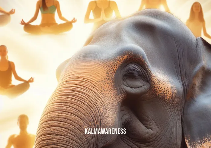 meditation elephant _ Image: A close-up of the elephant's content face, a gentle smile on its lips, surrounded by individuals radiating tranquility and joy.Image description: The elephant and the meditators have found harmony, embodying the journey from chaos to inner serenity through mindfulness.