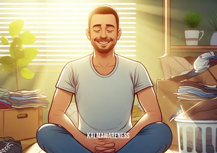 meditation for awakening _ Image: A contented individual, now sitting cross-legged in their clutter-free, sunlit room, with a smile on their face and a sense of inner peace.Image description: The once overwhelmed individual now sits cross-legged in their clutter-free, sunlit room, wearing a smile and radiating inner peace.