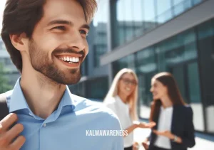 meditation in progress sign _ Image: The same person from the previous image, now outside the office building, smiles and greets coworkers. Image description: The once-stressed individual radiates positivity, spreading calm and smiles throughout the workplace.