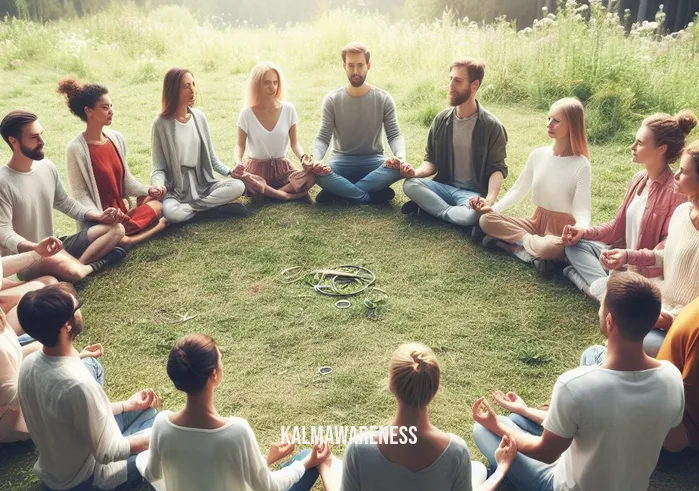 meditation signs _ Image: A group of individuals outdoors, standing in a circle, sharing their newfound mindfulness and contentment. Image description: A harmonious circle of people connecting through meditation, fostering a sense of community and inner peace.