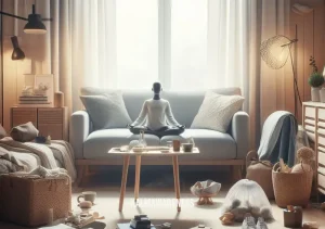 meditation to find lost items _ Image: A tidy and serene living room, with everything in its place, showcasing the power of meditation in solving daily problems.Image description: A harmonious living space, now organized and calm, reflecting the successful outcome of the meditation practice.