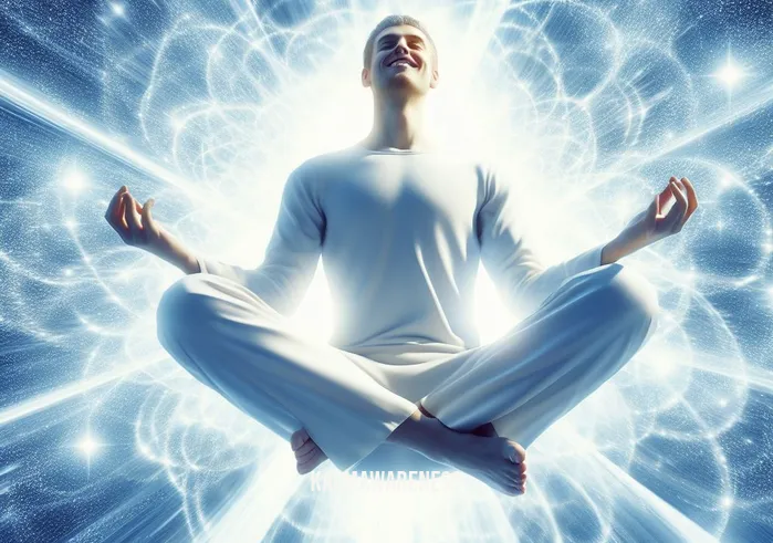 meditation to get high _ Image: The person, with a blissful smile, floats in mid-air, surrounded by a radiant aura of light, achieving a deep meditative state.Image description: In a state of pure bliss, the person transcends the physical realm, reaching spiritual heights through meditation, symbolizing the resolution.