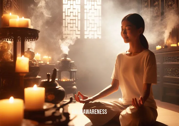 meditative chinese discipline _ Image: A contented individual sitting cross-legged in a traditional Chinese meditation room, surrounded by incense and soft candlelight, finding inner peace.Image description: A serene meditation room bathed in soft candlelight, where a person sits in tranquil contemplation, embodying the essence of meditative Chinese discipline.