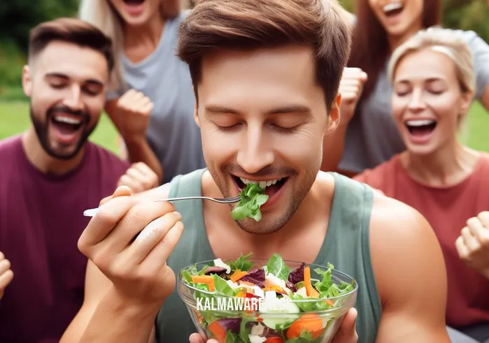 mindful bite _ Image: A content and fit individual taking a mindful bite of a nourishing salad, surrounded by a supportive group of friends cheering them on in a beautiful, natural setting.Image description: Mindful bite - A content, fit person savoring a nutritious salad, surrounded by supportive friends in a beautiful, natural environment.