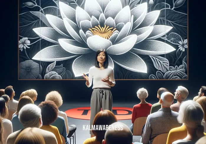 ted talk meditation _ A speaker stands confidently on a TED Talk stage, engaging with a diverse audience. The backdrop displays a serene image of a lotus flower, symbolizing peace and meditation. The speaker, a woman of Asian descent, gestures expressively as she shares insights about the benefits of mindfulness and meditation practices in daily life. The audience, composed of people of various ages and ethnicities, listens attentively, some nodding in agreement.
