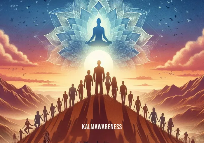 act of becoming aware through the senses _ Image Surrounded by a supportive community, a person engages in mindful yoga, feeling the unity of body and mind, growing towards awareness.Image Standing on a mountaintop at sunrise, a person gazes at the vast horizon, fully present, at peace, having achieved profound awareness of the world.