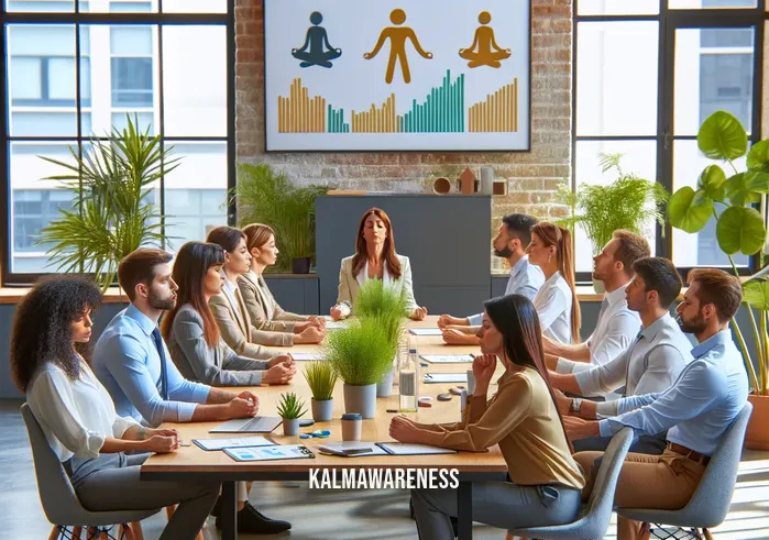 london human resources mindfulness _ A meeting room in a modern London office with a diverse group of human resources professionals sitting around a large table. They are engaged in a mindfulness workshop, focusing on a presentation about stress management and employee well-being. The room is bright and airy, decorated with plants and motivational posters. Everyone is attentive and taking notes, with some participants practicing deep breathing exercises.