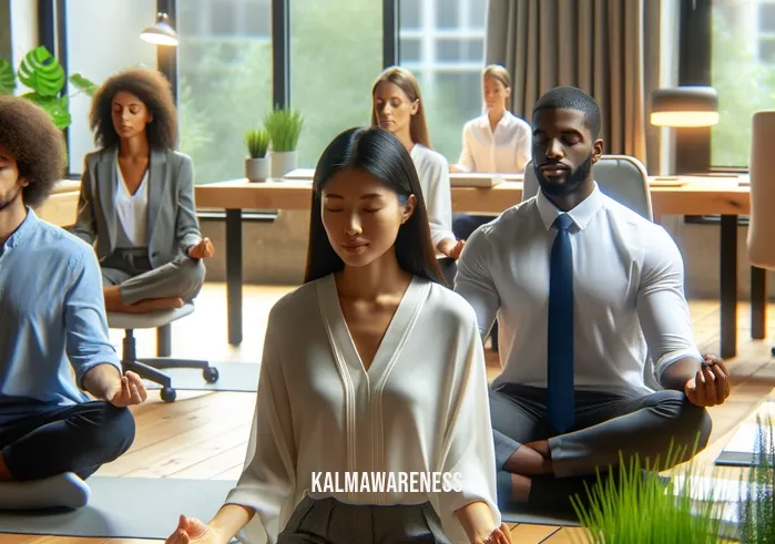 mindful business _ A calm office environment where a diverse group of professionals are engaged in a guided meditation session. The room has a serene ambiance with soft lighting and green plants. Employees of different ethnicities, including an Asian woman and a Black man, are seated comfortably with their eyes closed, focusing on deep breathing to enhance mindfulness and reduce stress. This promotes a balanced, mindful approach to business, emphasizing mental well-being in the workplace.