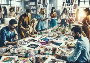 vogue cover december 2015 _ A team of fashion designers and editors collaborating to finalize the layout for Vogue's December 2015 cover. They are gathered around a large table, reviewing various design elements and photographs. The atmosphere is creative and focused, with sketches and color swatches scattered across the table, reflecting the dynamic process of magazine cover design.