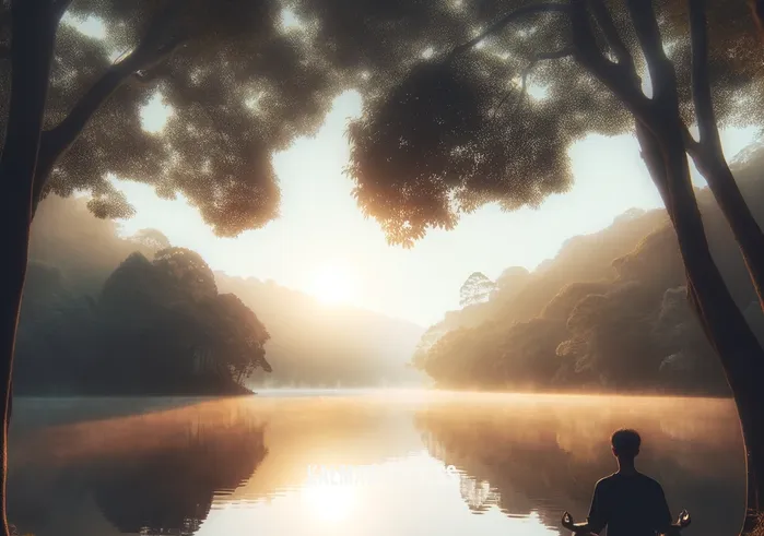 deep healing _ A serene landscape depicting the first step of deep healing, where a person is meditating by a tranquil lake at sunrise. The scene exudes calmness and introspection, with soft sunlight filtering through the trees and reflecting off the water, symbolizing the beginning of a journey towards inner peace and healing.