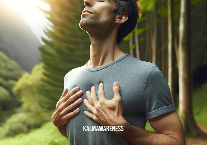 deepinhale _ The second image illustrates the deep inhalation phase of the breathing exercise. Here, the individual's chest and abdomen are visibly expanded, indicating a full breath. The background remains a serene natural setting, enhancing the sense of peace. Their facial expression is relaxed, with a slight upward curve of the lips, suggesting a state of deep relaxation and inner peace. The image captures the essence of taking a moment to breathe deeply and reconnect with oneself.