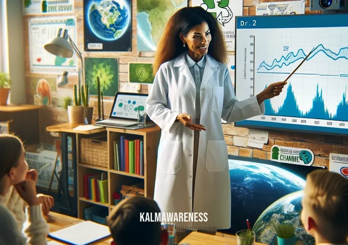 dr giselle jones _ Dr. Giselle Jones stands in front of a classroom, engaging with a diverse group of students in a lively discussion about environmental science. The classroom is filled with educational posters about renewable energy and climate change, and Dr. Jones, wearing a lab coat, is pointing to a graph on a digital screen, illustrating the impact of global warming.