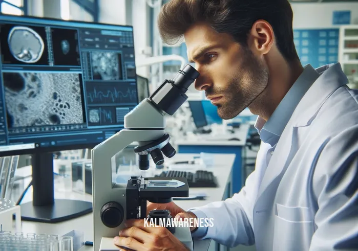 dr michael krasner rochester ny _ Dr. Michael Krasner, a distinguished figure in a white lab coat, stands in a modern, well-equipped medical laboratory in Rochester, NY. He is attentively examining a slide under a state-of-the-art microscope, with various scientific instruments and a computer displaying complex data in the background. His expression is one of deep concentration, indicative of his commitment to medical research and patient care.