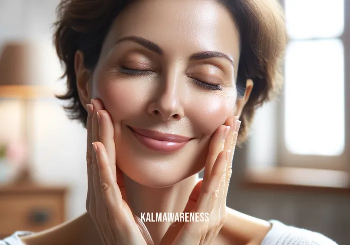 face yoga method 28 day challenge _ A participant in the Face Yoga Method 28 Day Challenge, a middle-aged woman with short brown hair, performs the first step of the facial exercise regimen. She is seated in a well-lit, serene room, smiling gently with her eyes closed. Her hands are placed softly on her cheeks, fingers spread, as she practices a facial stretching exercise, aiming to tone the muscles around her mouth and cheeks.