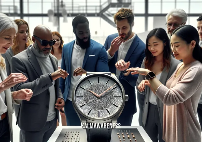 five senses watch set time _ A visually engaging image showcasing a group of diverse individuals gathered around a large, innovative watch display. The watch, a masterpiece of modern design, features tactile elements and braille inscriptions, allowing for a multisensory experience. The people, with expressions of fascination and curiosity, are seen exploring the watch