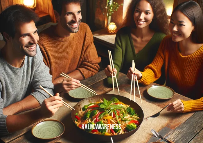 flavor explosion _ A group of four friends gathered around a rustic wooden table in a cozy, warmly lit dining room, their faces lit up with delight and anticipation. In the center of the table is the stir-fry from the first image, now beautifully plated and garnished with fresh herbs. Each person is ready to dig in, holding chopsticks or forks, clearly eager to taste the flavorful dish.