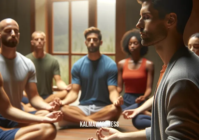 george mumford _ In the second scene, George Mumford leads a mindfulness meditation session with the same group of athletes. They are seated in a circle, eyes closed, with serene expressions. Mumford sits at the forefront, guiding the session with a calm and steady voice, emphasizing the connection between mental clarity and athletic performance.