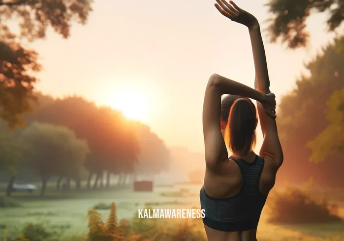 get your body moving _ A person standing in a park during early morning, stretching arms above head with a serene expression. The background shows a peaceful sunrise with soft orange and pink hues, casting gentle light on the surrounding greenery. The person, wearing sporty attire, appears focused and calm, embodying a sense of starting a new day with positive energy and physical activity.