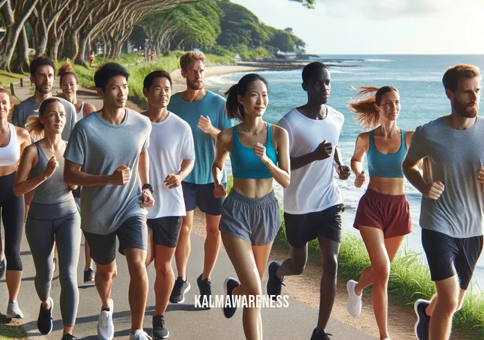 get your body moving _ A group of diverse individuals of various ages jogging together along a scenic coastal path. The ocean is visible on one side with gentle waves, and the other side is lined with lush trees. The group exhibits a mix of determination and joy, illustrating the communal and invigorating aspect of physical exercise in nature. Everyone is dressed in comfortable running gear, highlighting the theme of fitness and well-being.