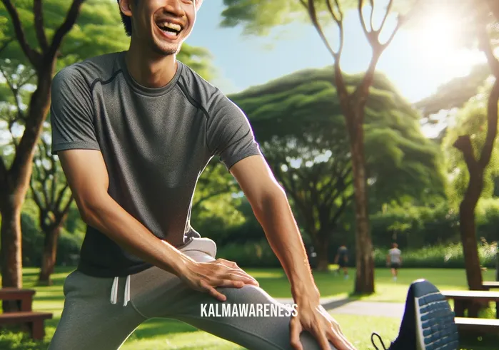 he does a body good free _ A digital illustration depicting a person joyfully exercising in a park, surrounded by lush green trees and a clear blue sky. The individual, wearing comfortable athletic attire, is in the midst of a stretching routine, with a focus on leg stretches. Their facial expression is one of determination and positivity, suggesting the benefits of physical activity for overall well-being.