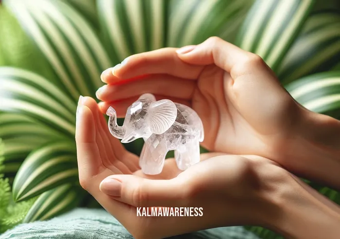 healing crystal elephant _ A person holding a small, intricately carved elephant made of clear quartz, symbolizing healing and tranquility. The crystal elephant is placed against a backdrop of soft, green plants, enhancing its natural, serene appearance. The person