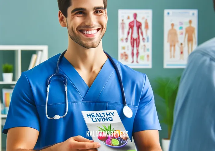 healthcare worker clipart _ A friendly and professional healthcare worker, wearing blue scrubs and a stethoscope around the neck, is smiling warmly while handing a patient a small, colorful brochure about healthy living. The setting appears to be a bright, welcoming clinic, with medical posters on the wall in the background.