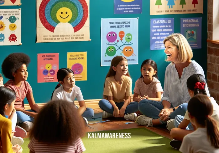healthy minds thriving kids _ A vibrant classroom setting with diverse children of various descents, sitting in a circle on the floor, eagerly participating in a group discussion led by a cheerful, middle-aged Caucasian female teacher. The walls are adorned with colorful, educational posters promoting mental health and emotional well-being. Some children are sharing their thoughts, while others listen attentively, fostering an environment of mutual respect and understanding.