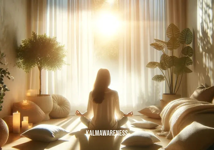 heartbreak meditation _ A person sitting peacefully in a serene, sunlit room, meditating with their eyes closed. They are surrounded by comforting elements like soft pillows, a few indoor plants, and gentle sunlight filtering through sheer curtains, creating a calm and healing atmosphere. This scene captures the beginning of a heartbreak meditation, emphasizing tranquility and self-compassion.