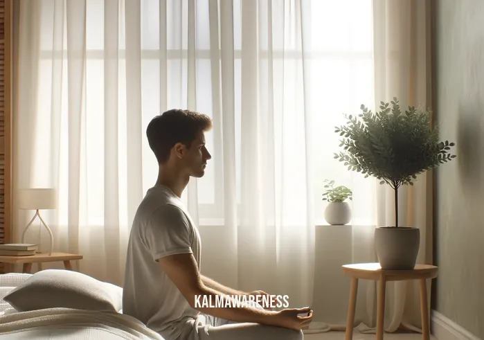 how to live well with chronic pain and illness: a mindful guide _ A serene bedroom setting with soft, natural light filtering through sheer curtains. A person with a calm expression is seated on the bed, practicing deep breathing exercises. The room is decorated minimally, promoting a tranquil atmosphere. A small, healthy potted plant sits on the windowsill, symbolizing growth and resilience.