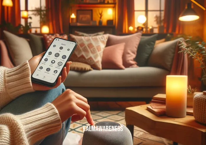 how to play calm app on speaker _ A person sitting in a cozy living room, using a smartphone to pair the Calm app with a Bluetooth speaker. The room is warmly lit and decorated with plants and soft furnishings, creating a relaxing atmosphere. The smartphone screen displays the Calm app interface, showing various meditation and relaxation options.