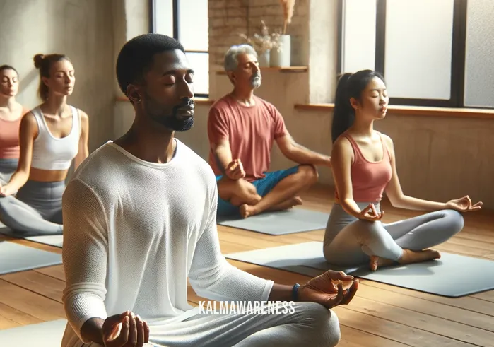 mindful body pilates _ A serene, sunlit room with a group of diverse individuals practicing Pilates. A middle-aged Black man leads the class, demonstrating a mindful breathing exercise while sitting on a Pilates mat. His eyes are closed in concentration, and the participants, including a young Asian woman and an elderly Hispanic man, follow suit, focusing on their breath to enhance body awareness.