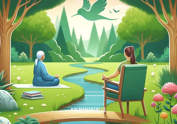 mindful care psychiatry _ A patient practicing guided meditation in a tranquil park, following advice from their mindful care psychiatry session. The scene is peaceful, with the patient sitting on a yoga mat, surrounded by greenery and a gentle stream, illustrating the application of mindfulness techniques in a natural setting.