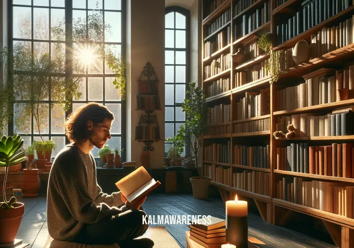 mindful quote _ In the first image, a serene library setting is depicted, with sunlight filtering through large windows, casting a warm glow on the wooden bookshelves. In the center, a person of Caucasian descent, dressed in casual, comfortable attire, sits cross-legged on a cushion, deeply engrossed in reading a book titled "Mindful Quotes." The room exudes a sense of tranquility, with potted plants adding a touch of greenery and a lit candle on a small table nearby, emitting a soft, flickering light.In the second image, the scene transitions to an outdoor setting at dusk, overlooking a tranquil lake. The same person, now standing at the water