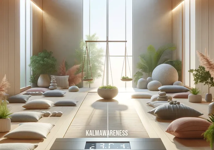 mindful scale _ A digital illustration of a peaceful meditation room, with soft, natural lighting filtering through large windows. In the center, a sleek, modern scale sits on a light wooden floor, surrounded by various meditation cushions and mats. Small potted plants add a touch of greenery, creating a serene and mindful atmosphere. This image represents the first step in the process of mindful scaling: creating a calm and focused environment.