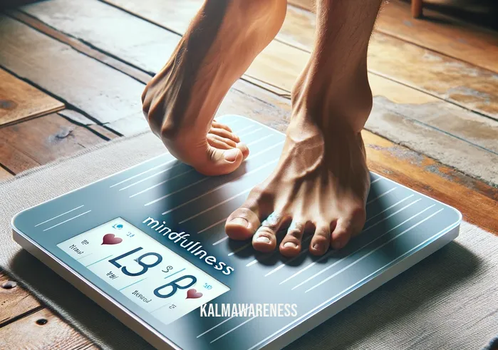 mindful scale _ A close-up digital rendering of a person's bare feet stepping onto the modern scale in the meditation room. The scale's display shows a series of mindfulness-related metrics, such as heart rate and stress level, instead of traditional weight measurements. This image symbolizes the second step in mindful scaling: the integration of mindfulness practices with physical health monitoring.