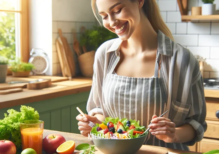 mindful weight loss results _ A person in a peaceful, sunny kitchen, happily preparing a colorful salad with fresh vegetables and fruits. They appear focused and content, embodying mindfulness in their weight loss journey, with a digital scale and a journal titled "Mindful Eating" on the counter.